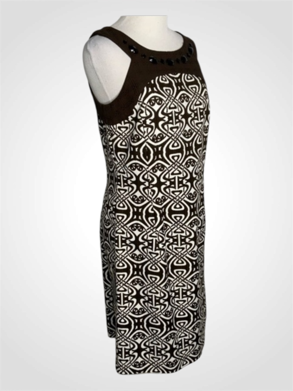 NWT Ann Taylor Sleeveless Brown & White Jeweled Neckline Career Sheath Dress 4